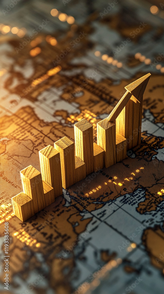 Poster wooden bar graph with upward arrow on a world map representing global growth