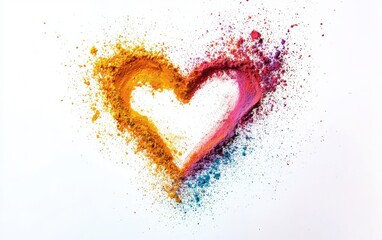 A bright splash of Holi powder forming the shape of a heart on a clean white background for a festive and artistic look