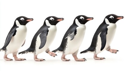Obraz premium Charming Group of Four Playful Penguins Walking in a Line, Capturing the Spirit of Togetherness and Playfulness in Wildlife Photography
