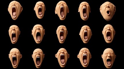Screaming Faces Collage: A powerful and unsettling visual depicting eighteen faces in various stages of screaming, each one a study in human expression, isolated against a black background.