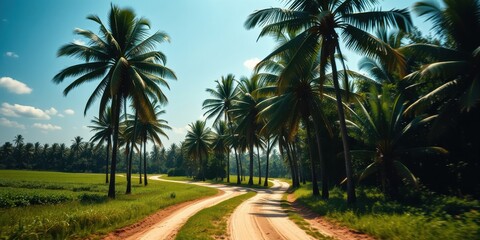 Obraz premium Tropical Paradise Road Winding Dirt Path Through Lush Palm Trees and Verdant Fields