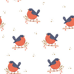Seamless vector patter in a simple childish style. Cute bird sitting on a branch, bullfinch . Vector illustration