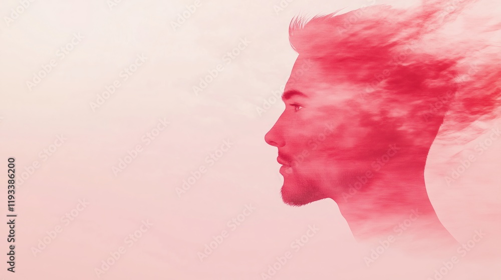Poster double exposure portrait in abstract red theme with cloud overlay for artistic expression and modern