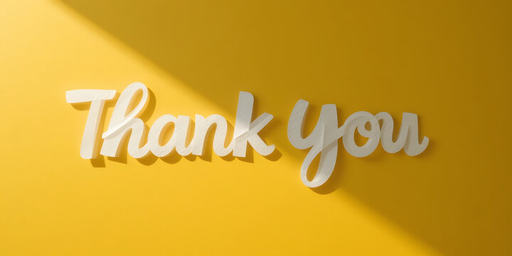Thank you message card, presentation, business. Expressing gratitude, acknowledgment and appreciation. Minimalist abstract design with white cut out paper on yellow background.