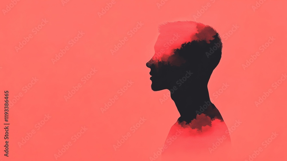 Poster double exposure portrait with abstract red theme featuring silhouette and atmospheric clouds on red 