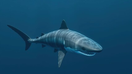 Fototapeta premium Aerial view of a megalodon swimming near the surface, aquatic scenes, marine wildlife, shark habitats