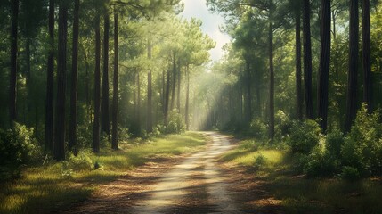 Obraz premium Sunlit Path Through a Lush Green Forest