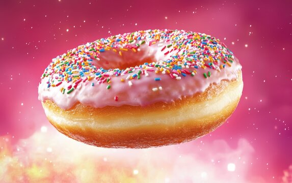 A flying glazed donut with rainbow sprinkles, hovering against a vibrant pink background