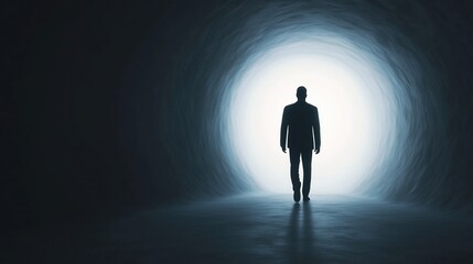 Silhouette of a Man Walking Towards Bright Light in Dramatic Underground Tunnel, Mysterious and Thought-Provoking Scene with Minimalistic Design and Solitude Theme