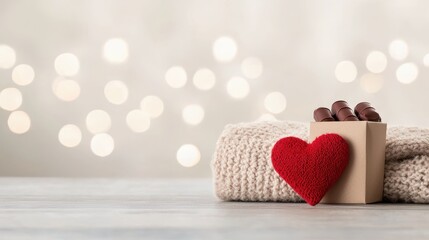 Heart-Shaped Fabric Decoration and Gift Box with Chocolates on a Cozy Knit Blanket with Soft Bokeh Background for Romantic Occasions and Celebrations