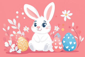 Cute white bunny sitting among patterned eggs and floral elements
