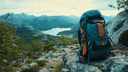 Travel Backpack Resting on a Rocky Mountain Overlooking Scenic Valleys and Lakes, Perfect for Outdoor Adventure, Hiking, and Nature-Themed Photography