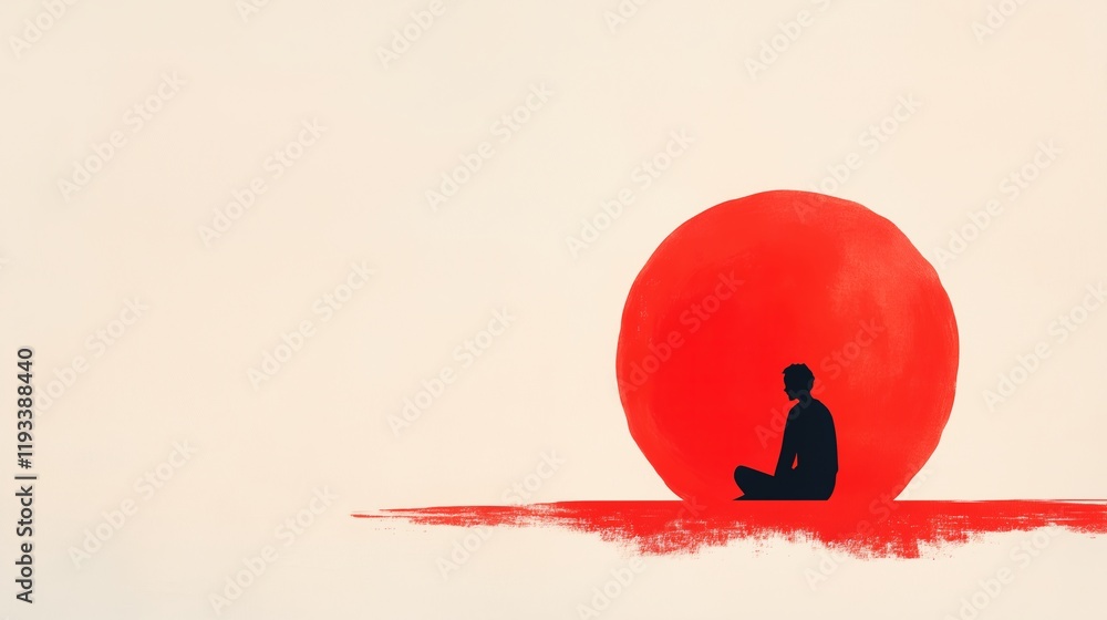 Poster minimalist illustration of person sitting in front of large red circle symbolizing solitude and refl
