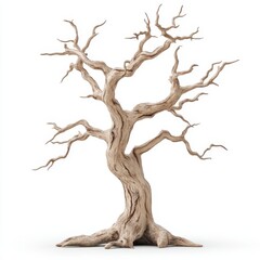 A bare wooden tree stands tall, showcasing its textured bark and branches, devoid of leaves, symbolizing resilience and the beauty of nature's simplicity.