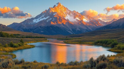 Majestic Mountain Peak at Sunset Reflected in Calm Lake