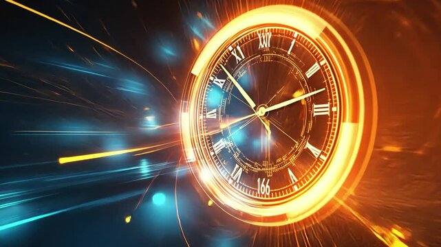 Golden clock with roman numerals ticking on abstract background