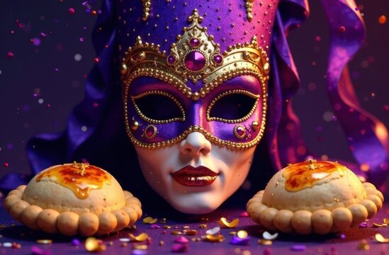 A Purim-themed greeting card with a vibrant purple and gold color scheme, featuring a mask and grogger illustration