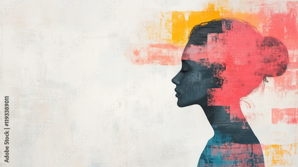 Poster artistic collage of human profiles merging into a vibrant abstract canvas with bold brushstrokes ill