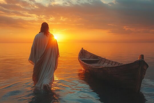 jesus christ walking towards a boat on a tranquil evening, with soft hues of dusk enveloping the scene, embodying a moment of faith and calmness by the water