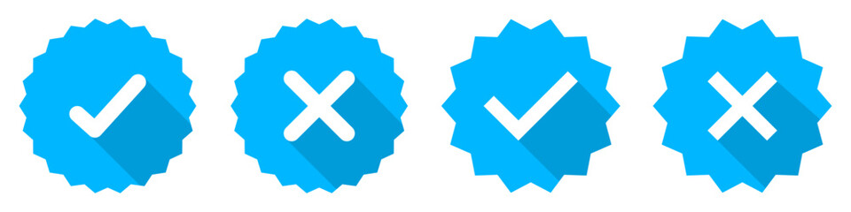 Obraz premium Starburst yes tick and no cross buttons. Profile verification with check marks and cross mark icons set in blue color. Verified and unverified account sign. Vector illustration.