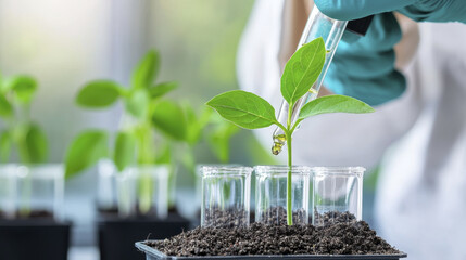 Laboratory experiment with plant growth, testing biotechnology methods for agriculture