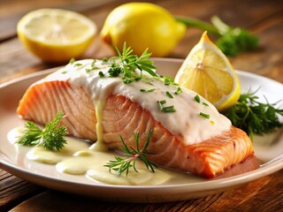 Delicious Chardonnay Poached Salmon with Dill Dijon Cream & Lemon