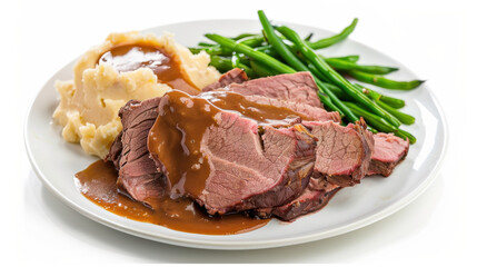 Fototapeta premium plate of roast beef with mashed potatoes and beans