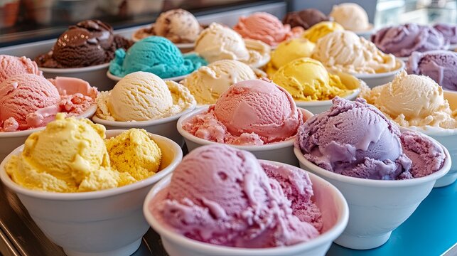 A clean ice cream social with bowls of toppings, cones, and colorful scoops