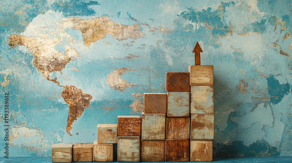 Poster wooden blocks with growth arrow against world map background
