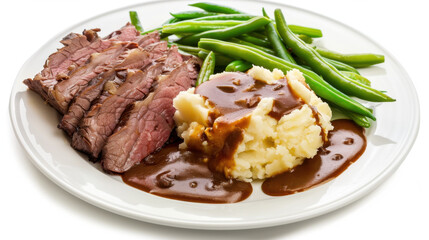 plate of roast beef with mashed potatoes and beans