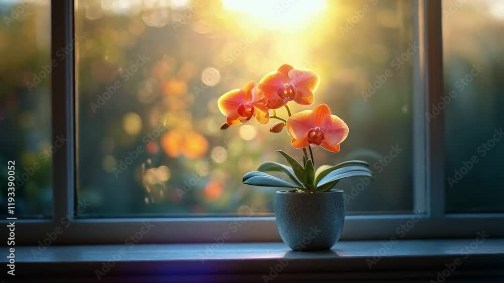 Poster a vibrant orchid flourishes on a windowsill in a kitchen, soaking up warm sunlight. soft light highl