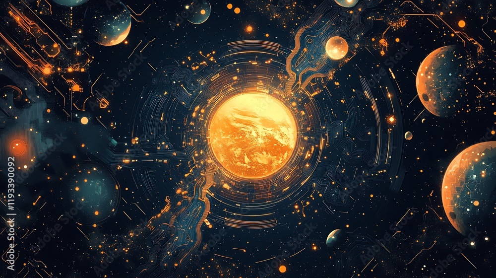 Aufkleber cosmic circuitry encircles a glowing planet in space