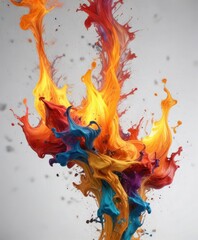 Abstract burning flames with splashes of color on white background, fiery passion, energetic blast