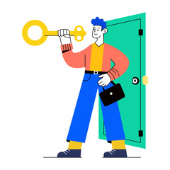 A flat illustration of a person holding a key in front of an open door, symbolizing opportunity