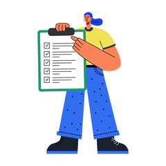 A flat illustration of a person holding a checklist with completed tasks