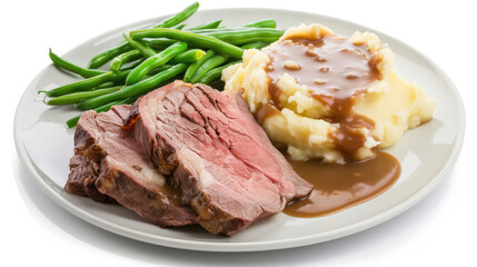Fototapeta premium plate of roast beef with mashed potatoes and beans