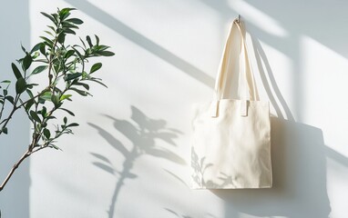A minimalist reusable shopping tote with eco-friendly slogans, hanging on a white wall