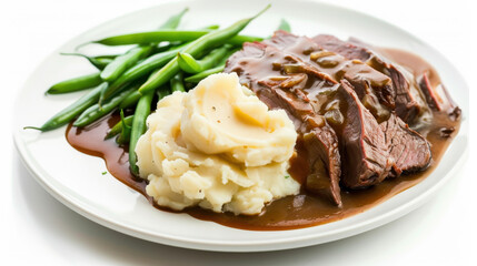 plate of roast beef with mashed potatoes and beans