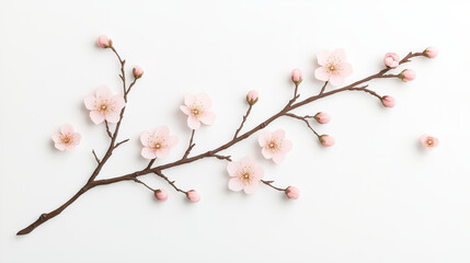 A single blooming plum blossom branch with delicate pink flowers and buds, painted in an ink-wash art style on a white background