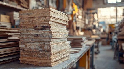 Fototapeta premium A Stack of Wooden Sheets in a Sunlit Workshop, Surrounded by Various Woodworking Materials, Tools, and Furniture Ready for Crafting Projects