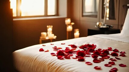 A tranquil room features a bed adorned with vibrant rose petals, creating a romantic atmosphere. Soft candlelight illuminates the space as the sun sets, enhancing intimacy.