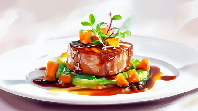 Elegant depiction of entres featuring gourmet plating intricate garnishing refined elements showcasing culinary artistry in meal presentation