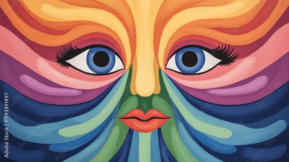Aufkleber vibrant psychedelic art featuring colorful abstract face with surreal eyes and hypnotic patterns in 