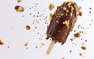 Obraz premium A chocolate-dipped ice cream bar with nuts and chocolate splashes mid-air on a clean white background