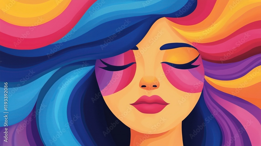 Poster psychedelic art with colorful dreamy expression of abstract face featuring flowing rainbow waves and