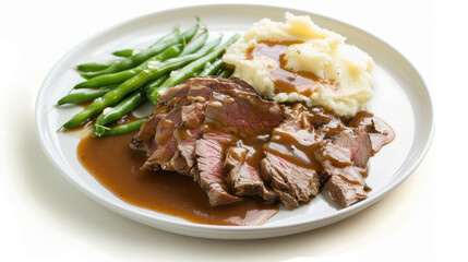 Fototapeta premium plate of roast beef with mashed potatoes and beans