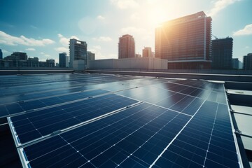 Solar panels extend across a bright field, capturing solar energy, with glimpses of a city skyline showing urban commitment to renewables.