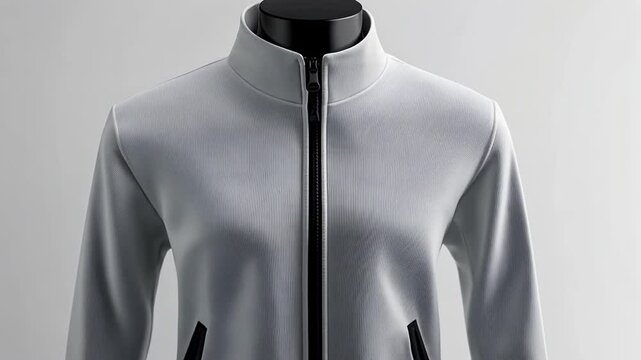 White zip-up jacket on mannequin.