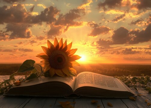 A vibrant sunflower on an open book in the evening light creates a tranquil, thoughtful scene filled with warmth and calm.