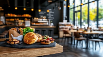 Freshly Prepared Bakery Items Displayed in Modern Cafe with Warm Lighting and Inviting Atmosphere